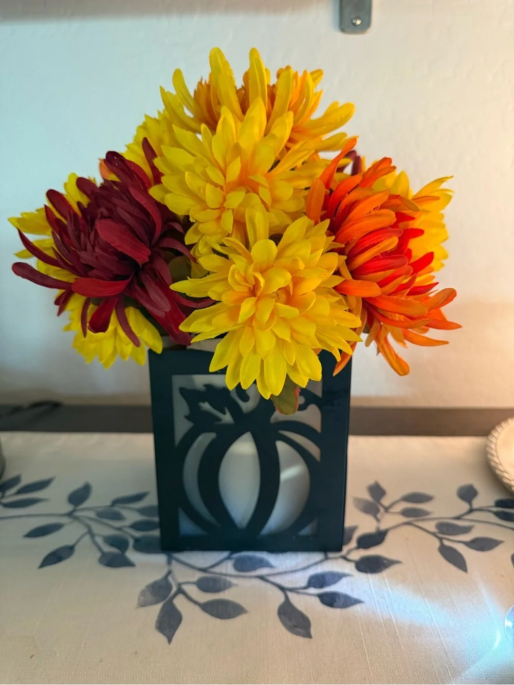 Autumn Cottagecore Artificial Floral Arrangement in Frosted Glass and Metal Box